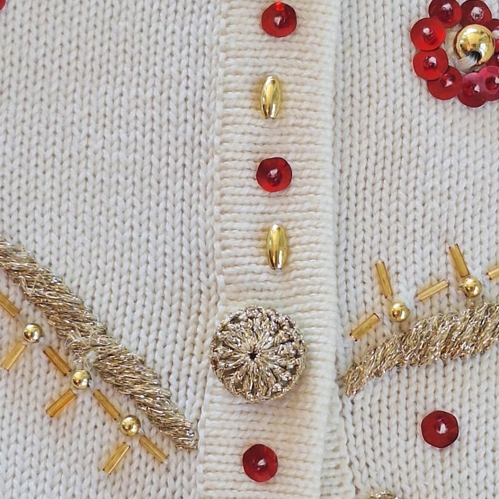 Vintage 90's KIKIT Christmas Sweater Cream Embellished Ornaments Cardigan size S - Picture 8 of 16